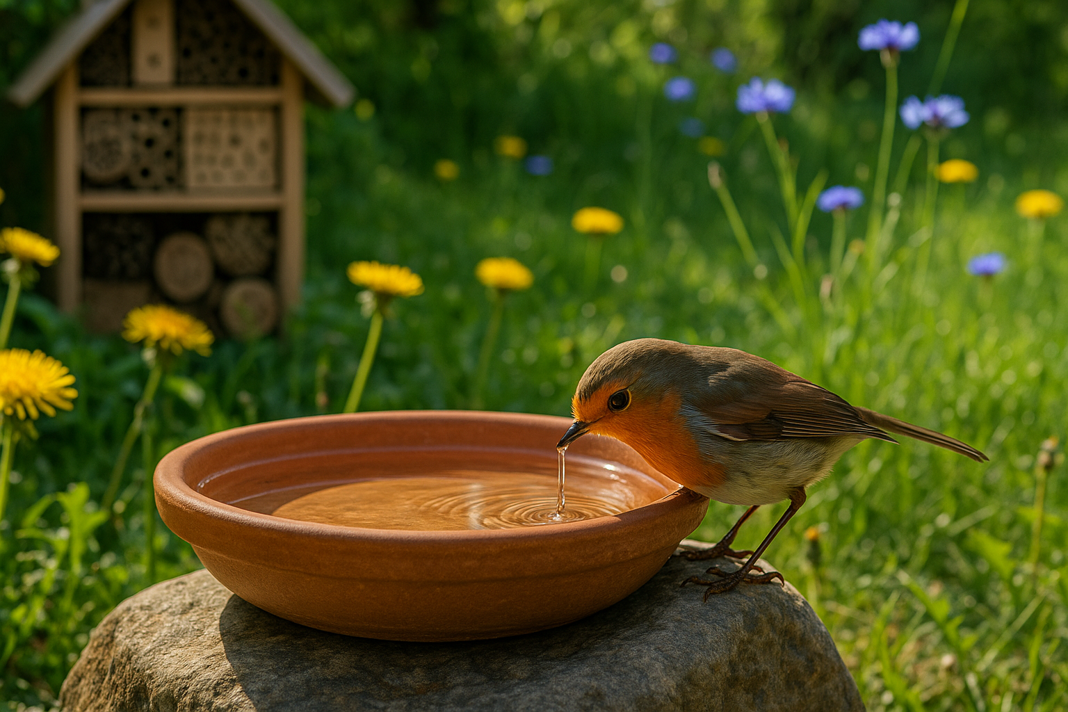 Vogelfreundlicher Naturgarten mit Vogeltränke
