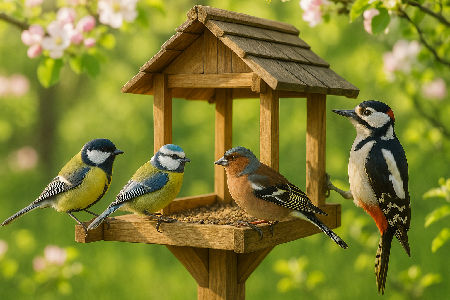 Heimische Gartenvögel am Futterhaus im Mai