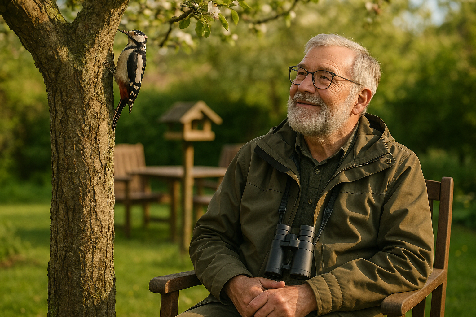 Klaus Reinhardt beobachtet einen Buntspecht im Garten