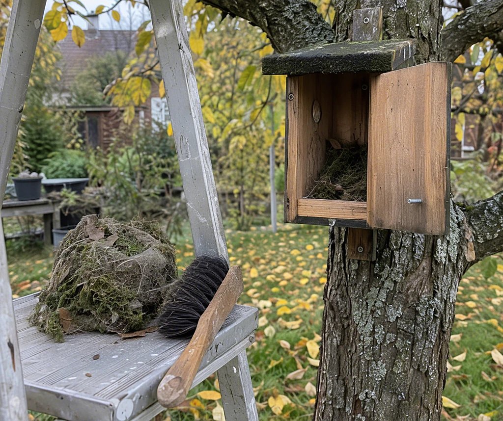 Geöffneter Holznistkasten an einem Obstbaum mit herausgenommenem Moosnest im herbstlichen Garten